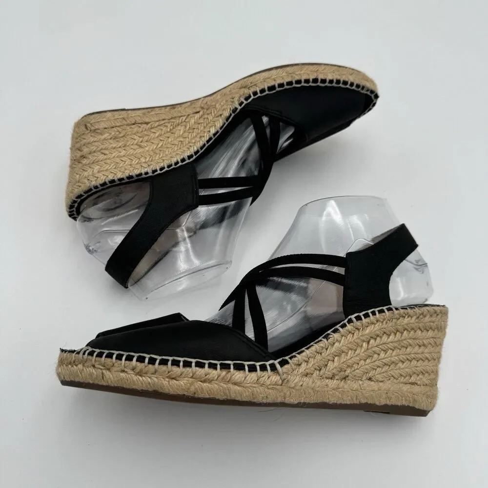 ABEO Delano Espadrille Wedge Sandal Black Leather Peep Toe Slip On 9N Crisscross